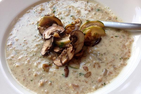 Green Core Soup with Walnuts and Mushrooms