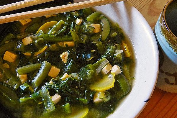 Green Vegetable Soup with Tofu and Miso