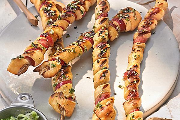 Grilled Dough Skewers with Bacon and Garlic