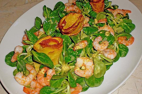 Grilled Marinated Prawns with Lamb`s Lettuce