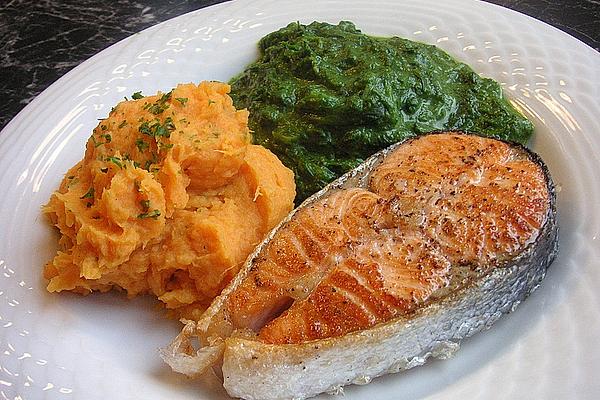 Grilled Salmon Fillet with Sweet Potato Puree and Creamy Spinach Leaves