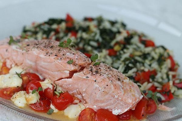 Grilled Salmon with Warm Tomato Salad on Spinach Rice
