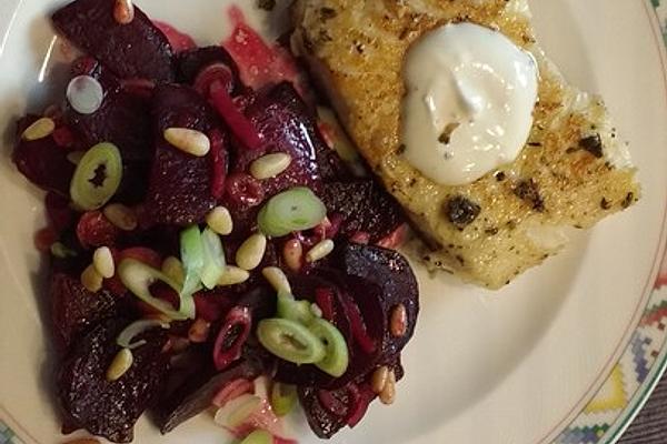 Halibut with Sage on Roasted Beetroot Salad and Pine Nuts