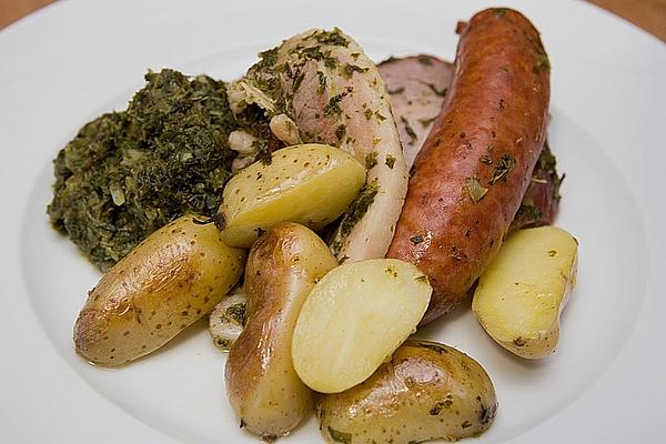 Kale with Smoked Pork, Sausages and Potatoes