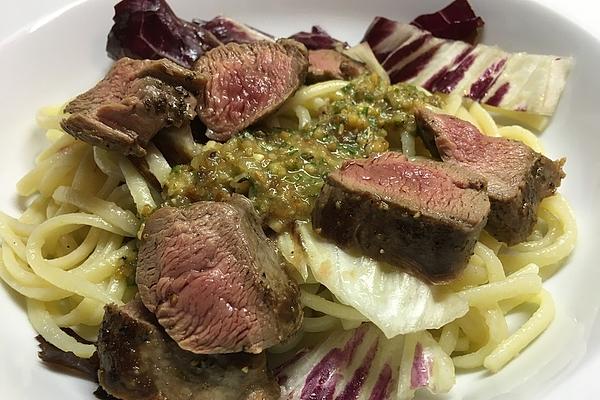 Lamb Fillet with Linguine and Date Pesto