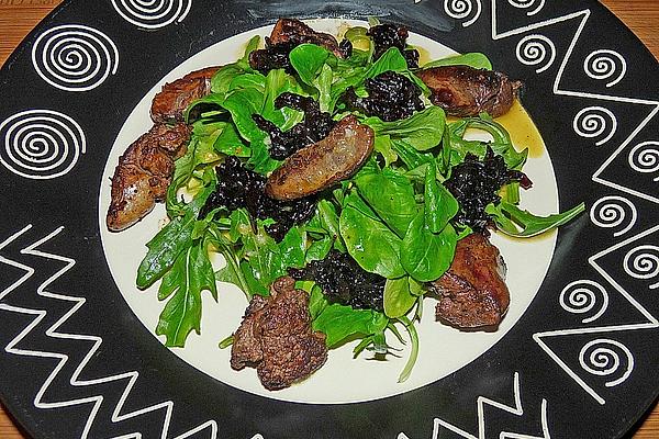 Lamb`s Lettuce with Orange Mustard Dressing and Chicken Liver with Red Port Wine Onions