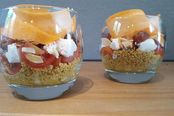 Layered Couscous Salad with Dates, Goat Cheese and Orange Dressing