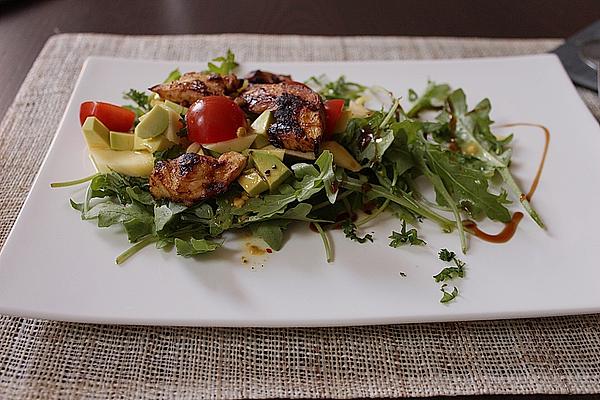 Mango and Avocado Salad with Strips Of Chicken, Arugula and Tomatoes