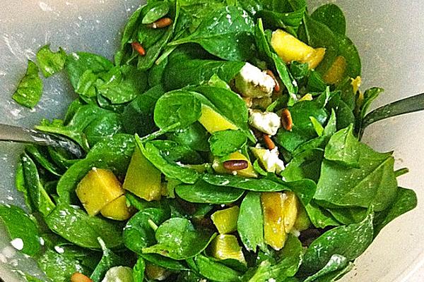 Mango and Spinach Salad with Feta Cheese and Roasted Pine Nuts