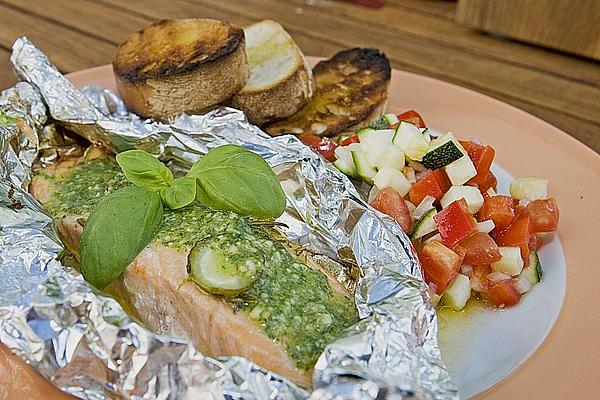 Marinated Salmon on Ratatouille Salad with Rocket Pesto and Bread