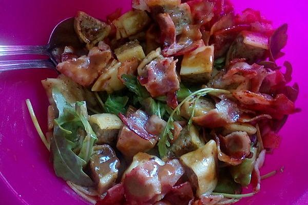 Maultaschensalat with Rocket, Diced Bacon and Pine Nuts