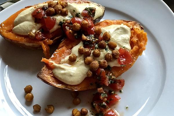 Mediterranean Baked Sweet Potatoes with Roasted Chickpeas