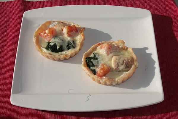 Mini Tartelettes with Smoked Trout, Spinach, Horseradish Cream Cheese Baked with Mozzarella