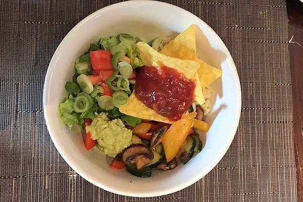Nacho Bowl with Fried Vegetables, Rice and Beans