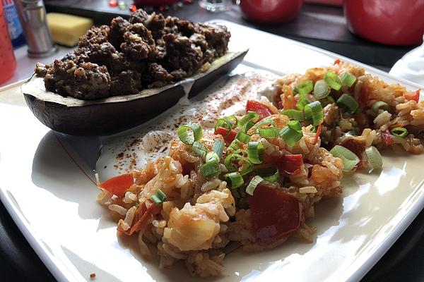 Oriental Eggplant – Minced Meat – Boat with Yogurt and Rice