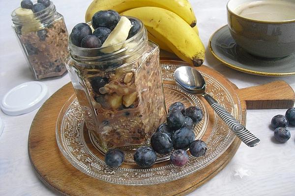 Overnight Oats with Banana, Cocoa, Blueberries