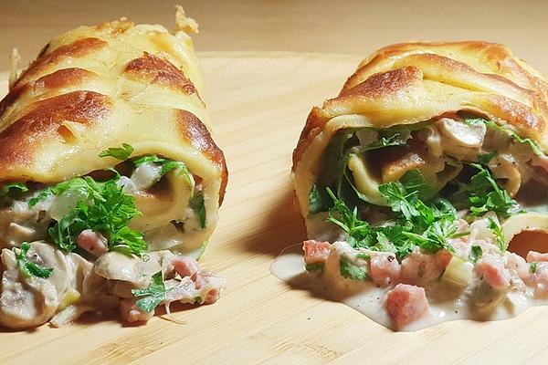 Pancakes with Mushroom, Cream Cheese and Bacon Filling and Rocket
