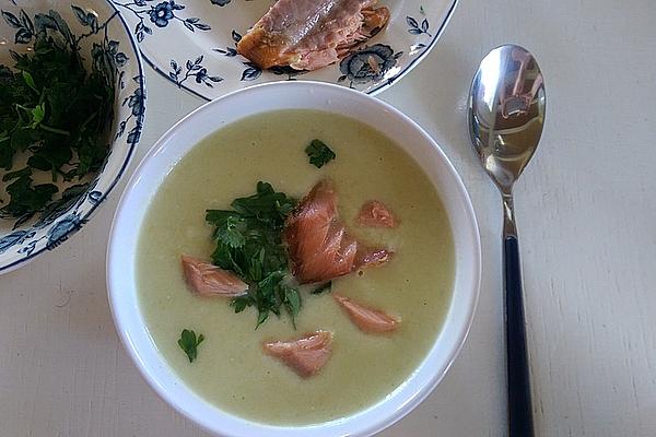 Parsley Root Soup with Green Cauliflower and Stremel Salmon Topping