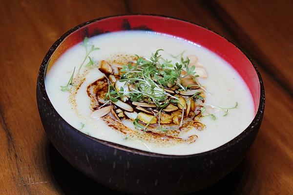 Parsnip Cauliflower Soup with Roasted Almonds and Cress
