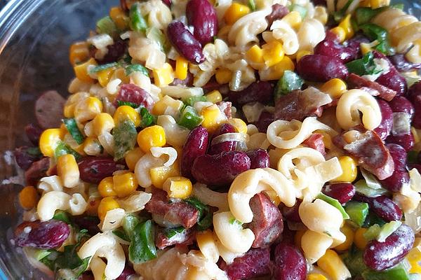 Pasta Salad with Kidney Beans, Corn, Bell Pepper, Tomatoes and Meat Sausage