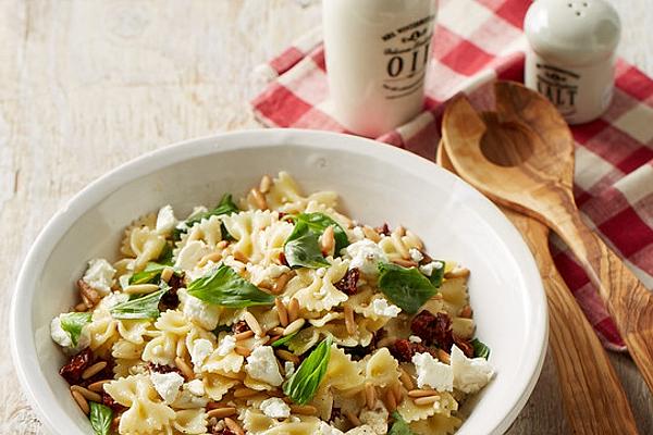 Pasta Salad with Sun-dried Tomatoes, Pine Nuts, Sheep Cheese and Basil