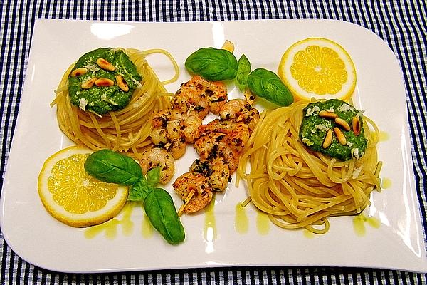 Pasta with Green Pesto and Fried Shrimp