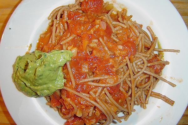 Pasta with Spicy Sauce and Avocado Pesto