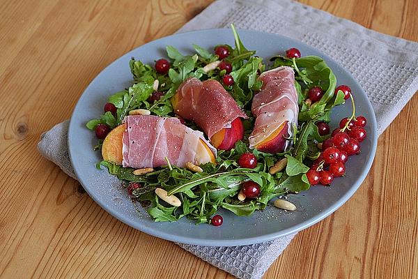 Peaches Wrapped in Ham on Rocket
