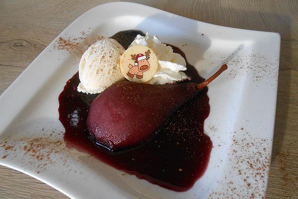 Pears in Red Wine with Vanilla Ice Cream