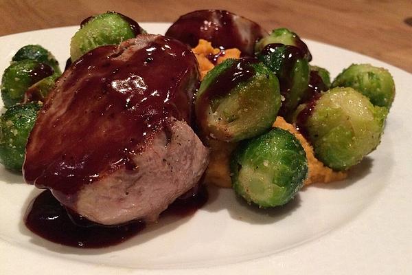 Pork Fillet on Mashed Sweet Potatoes with Gingerbread Jus and Brussels Sprouts