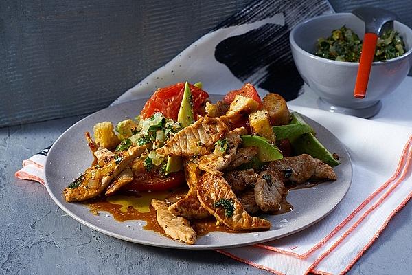 Pork Salmon Strips with Chimichurri Sauce and Tomato Bread Salad