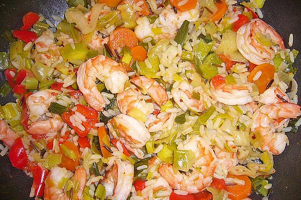 Prawns – Peppers – Carrots – Rice – Pan