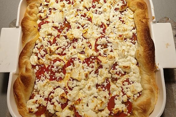 Puff Pastry Quiche with Minced Meat, Tomatoes and Sheep Cheese