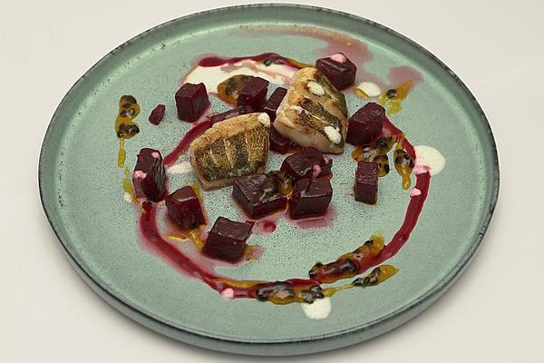 QSFP Pikeperch Fillet with Beetroot, Passion Fruit and Yogurt