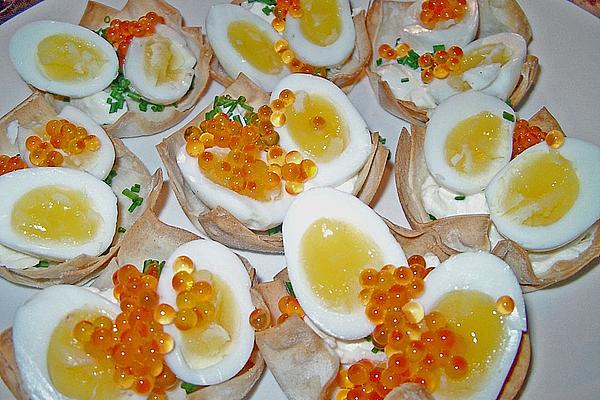 Quail Eggs with Crème Fraîche and Trout Caviar in Filo Dough Basket