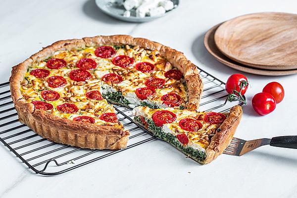 Quiche with Spinach, Feta, Tomatoes and Pine Nuts