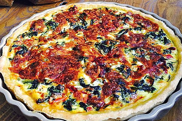 Quiche with Spinach, Sheep Cheese, Sun-dried Tomatoes and Pine Nuts