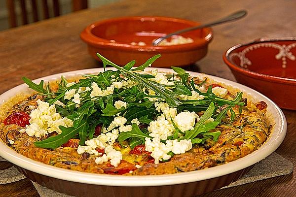 Quick Quiche Casserole with Mushrooms, Cherry Tomatoes, Feta and Rocket