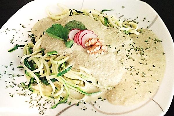 Radish and Walnut Sauce with Zucchini Noodles