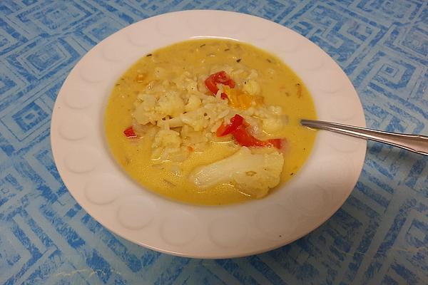 Rice Coconut Milk Soup with Cauliflower and Peppers
