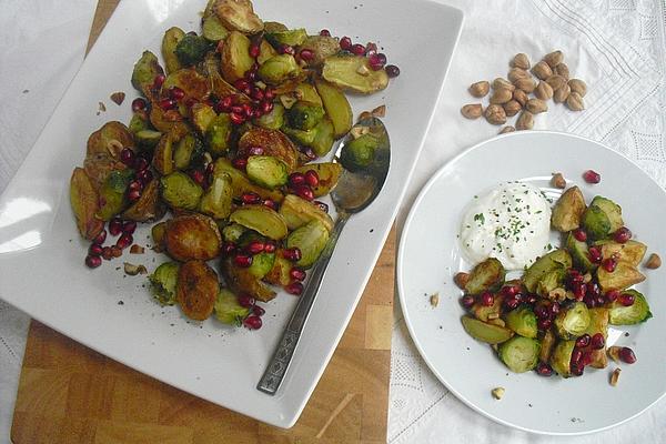 Roasted Potatoes and Brussels Sprouts from Baking Sheet