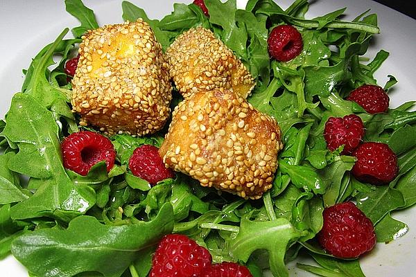 Rocket Salad with Raspberries, Sesame Breaded Feta Cheese and Cashew Nuts