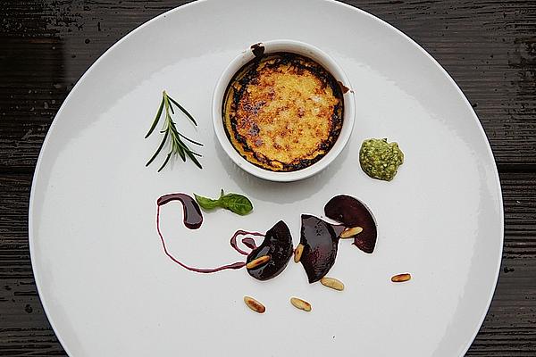 Rosemary Crème Brûlée with Plum Compote and Sweet Pesto