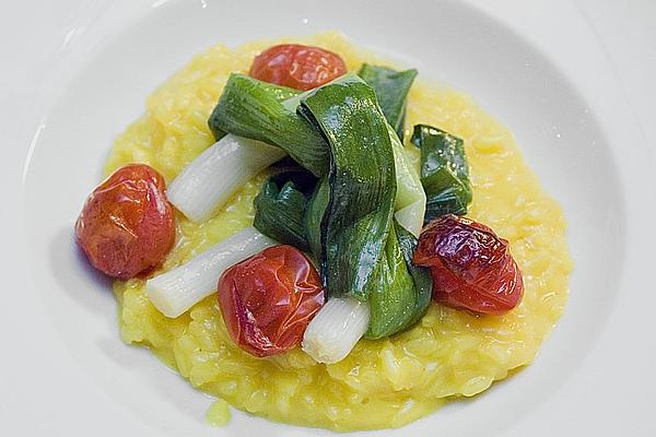 Saffron Risotto with Oven Tomatoes and Glazed Onions