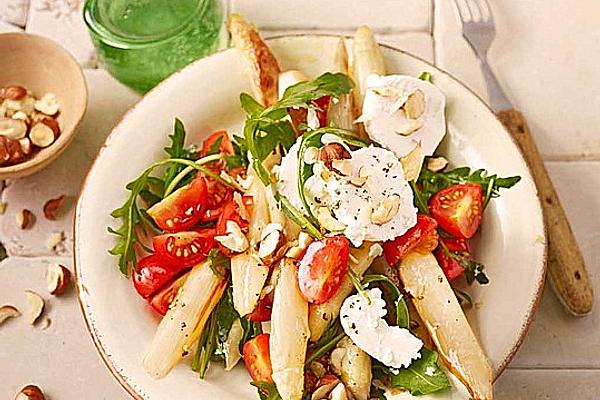 Salad with Fried Asparagus, Goat Cheese, Rocket and Tomatoes