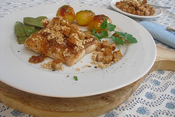 Salmon Fillet with Mustard Maple Syrup Topping and Sesame Croutons