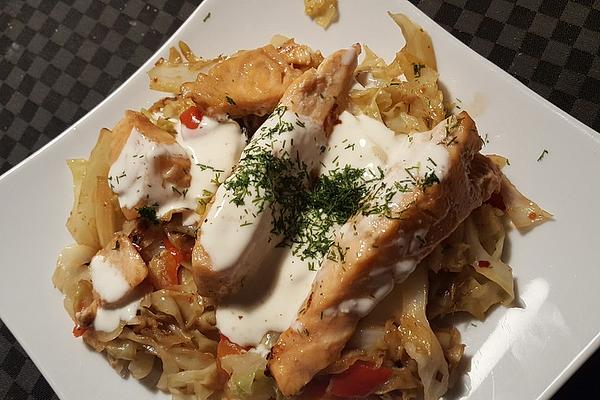 Salmon on Chilli White Cabbage with Honey and Lemon Sour Cream