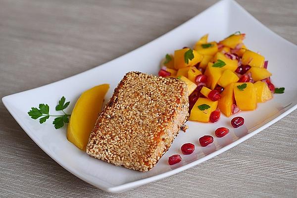 Salmon with Sesame Crust and Mango and Pomegranate Salad