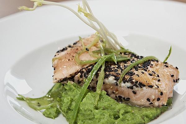 Salmon Wrapped in Sesame on Pea Puree and Snow Peas Straw