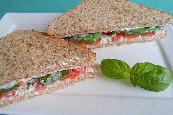Sandwich with Tomatoes, Fresh Basil and Cream Cheese
